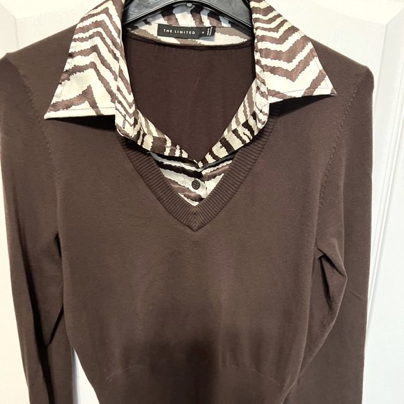 The Limited Sweaters - The Limited-Brown V-neck Sweater with built in zebra striped blouse-casual-Md